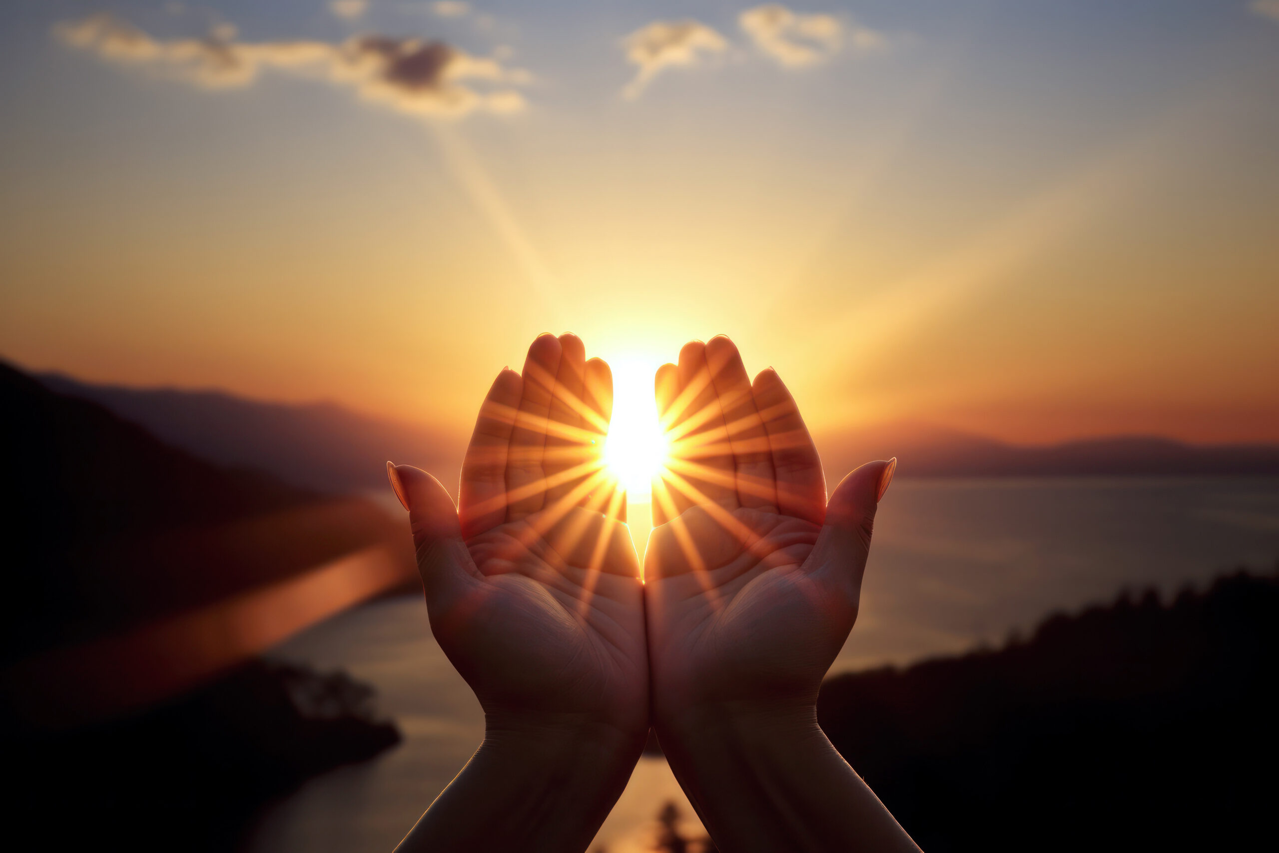 Prayer Raises His Hands To Sunshine Or Sunset, Christian Concept Background